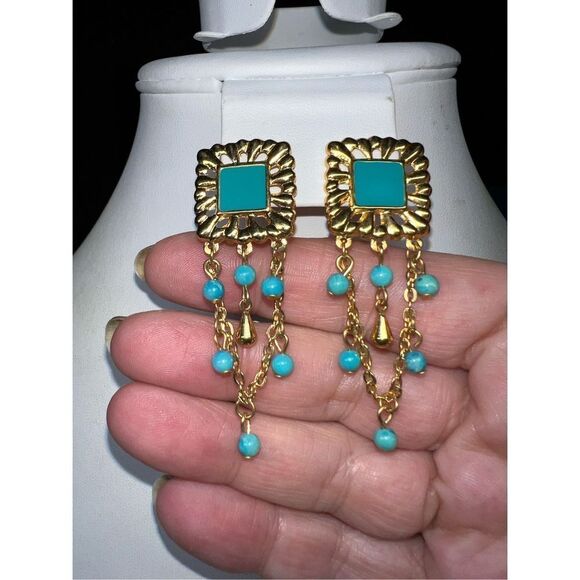 Vintage Boho Gold Tone Enameled and Bead Dangle Earrings - Picture 2 of 7